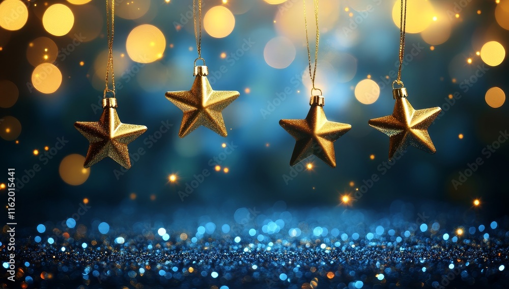 Poster golden star ornaments hanging against a shimmering blue background with bokeh lights.