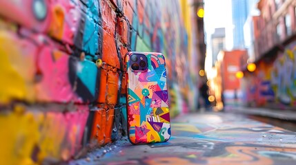 A vibrant mobile phone cover with abstract art, displayed against a background of colorful street graffiti and urban vibes.