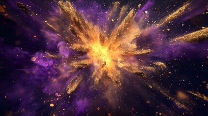 An explosion of color splashing and colliding in the center of the canvas with radiant hues of purple and gold