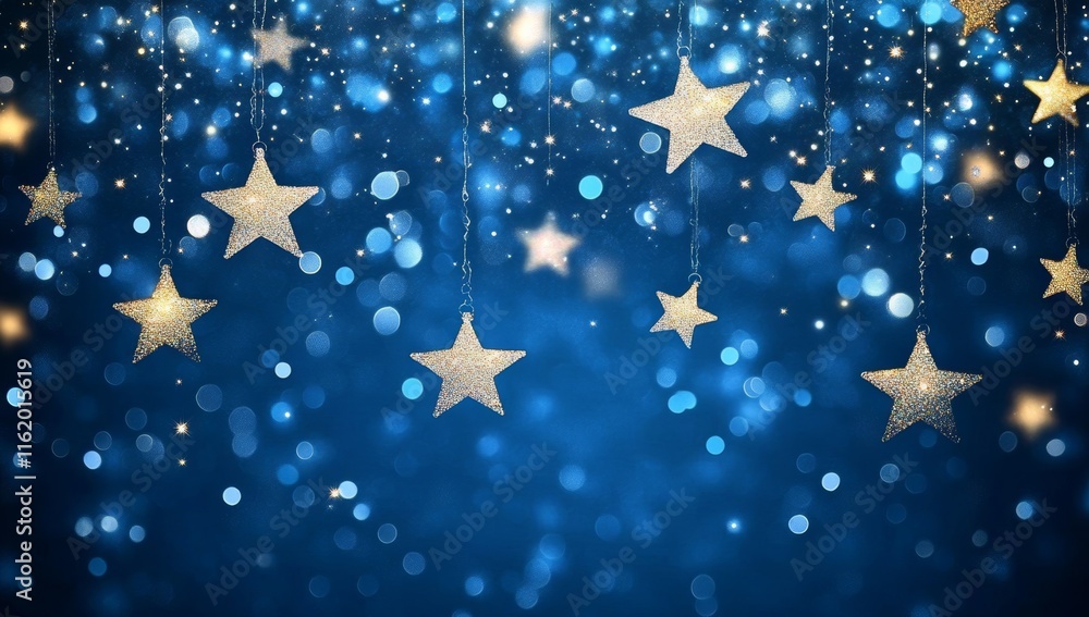Poster sparkling gold stars hanging on strings against a bokeh blue background.