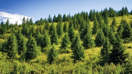 Obraz premium A lush landscape of green pine trees covers a hillside under a clear blue sky, showcasing the beauty of nature in a serene setting.