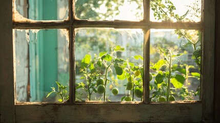 Fototapeta premium Tomatillo plants under soft sunlight, framed by an old wooden window with peeling paint