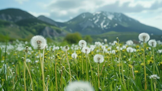 Dandelions in a field with mountains in the background. - Powered by Adobe