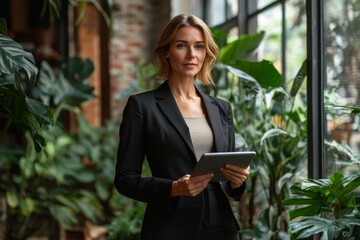 Businesswoman smiling while working on her laptop in a park
