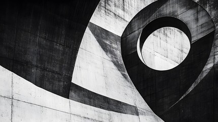Straight-edged and angular shapes intersecting with circular curves creating a striking contrast in the design