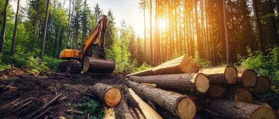 A logging machine operates in a sunlit forest, surrounded by freshly cut logs and towering trees, showcasing the intersection of nature and industry.