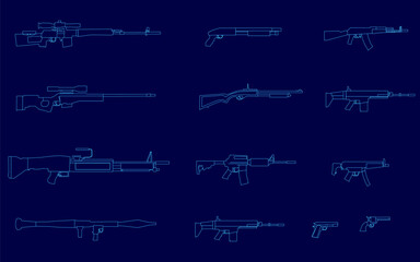 Series of blue images of guns. Side view. Vector illustration