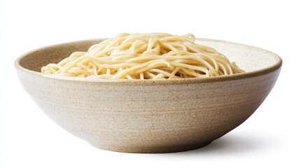 Cooked noodles in a beige bowl, isolated on white.