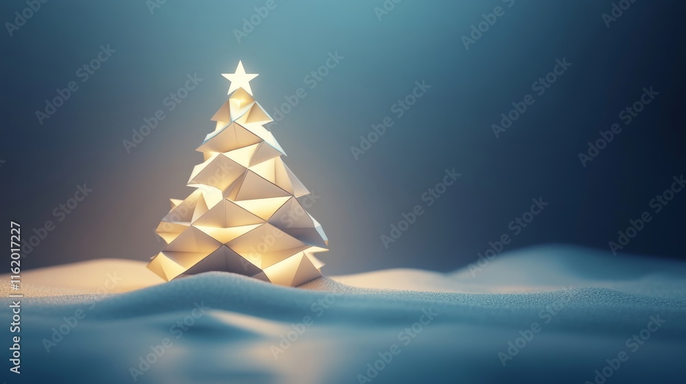 Poster abstract 3d christmas tree display with geometric shapes and soft glow, copy space for banners