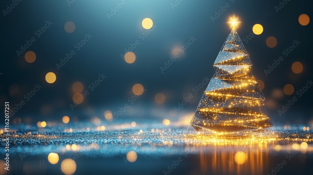 Poster modern geometric 3d christmas tree display with soft glow and copy space for banners