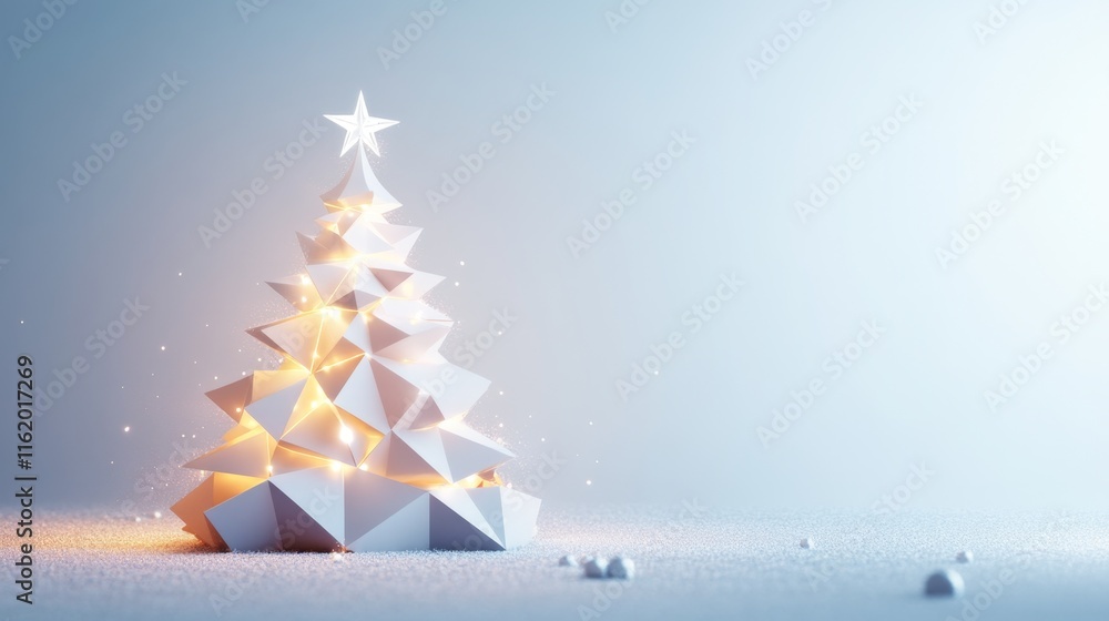 Poster futuristic 3d christmas tree display with geometric shapes illuminated in soft glow, perfect for ban
