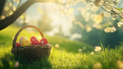Fototapeta premium Easter - vibrant painted eggs nestled in a woven basket on lush green grass surrounded by blossoming sunny orchard trees for a festive spring celebration