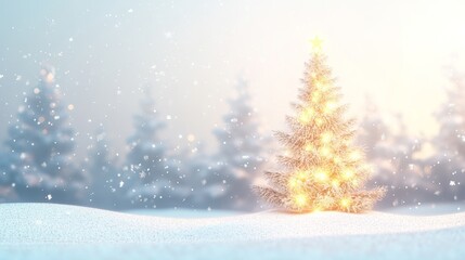 Fototapeta premium Winter Wonderland - Festive 3D Christmas Tree in Serene Snowy Landscape for Banner or Website Use