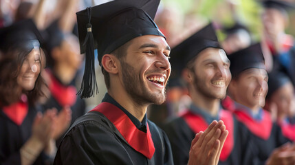 Fototapeta premium happy man, cheering and clapping at a graduation ceremony, vibrant and dynamic, natural lighting, joyful mood,