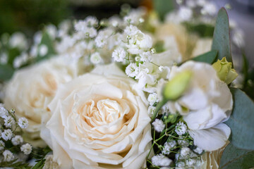 Close-up of a bridal bouquet with white roses and baby’s breath