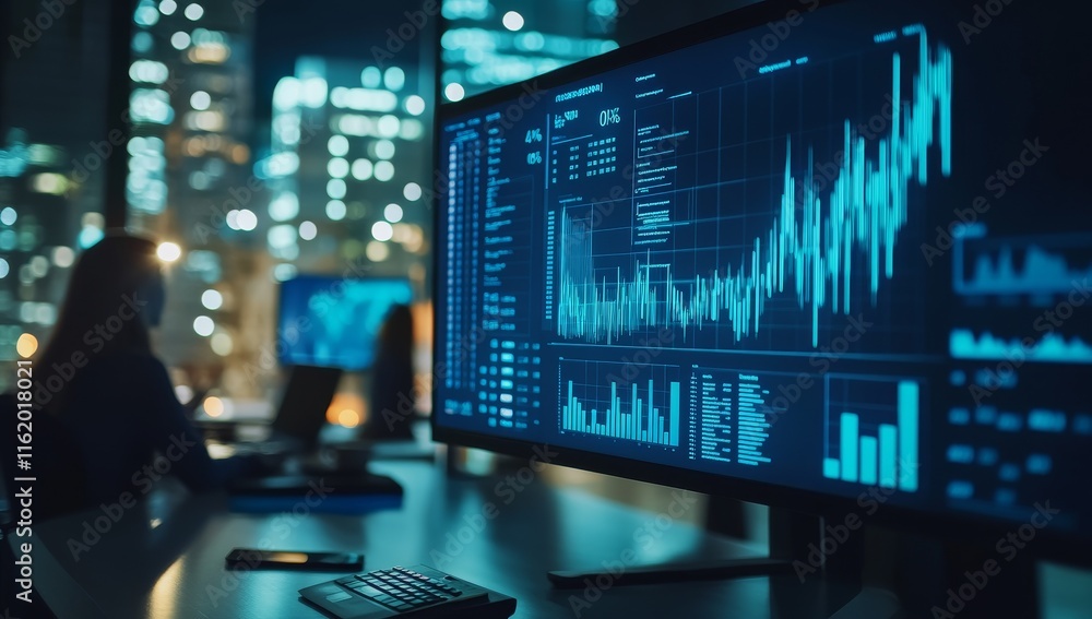 Poster night city view, woman works on computer analyzing financial data charts and graphs.