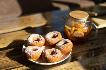 Donuts on table. Delicious food on table. Breakfast in morning.
