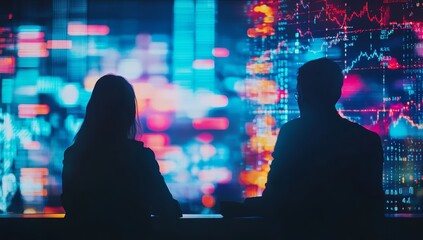 Silhouetted colleagues analyze vibrant data visualizations on a large screen.