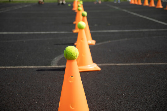 Sports ground. Playground equipment. Orange cone.