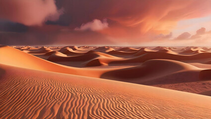  an arid desert landscape featuring majestic, rolling golden sand dunes that stretch endlessly into the horizon, set against a dramatic, fiery orange and pink sunset
