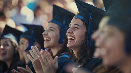 Fototapeta premium happy moments, cheering and clapping at a graduation ceremony, vibrant and dynamic, natural lighting, joyful mood,