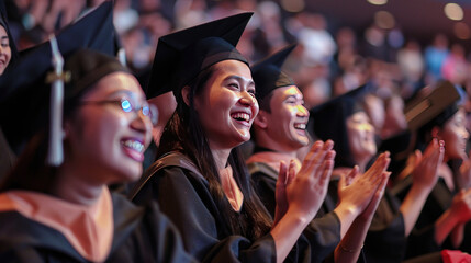 Obraz premium happy moments, cheering and clapping at a graduation ceremony, vibrant and dynamic, natural lighting, joyful mood,