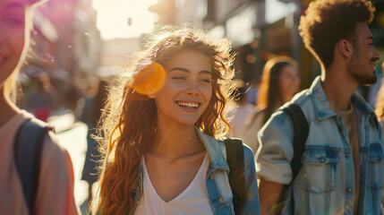 Obraz premium happy moments, walking through a busy city street with happy faces, vibrant and dynamic, natural lighting, joyful mood,