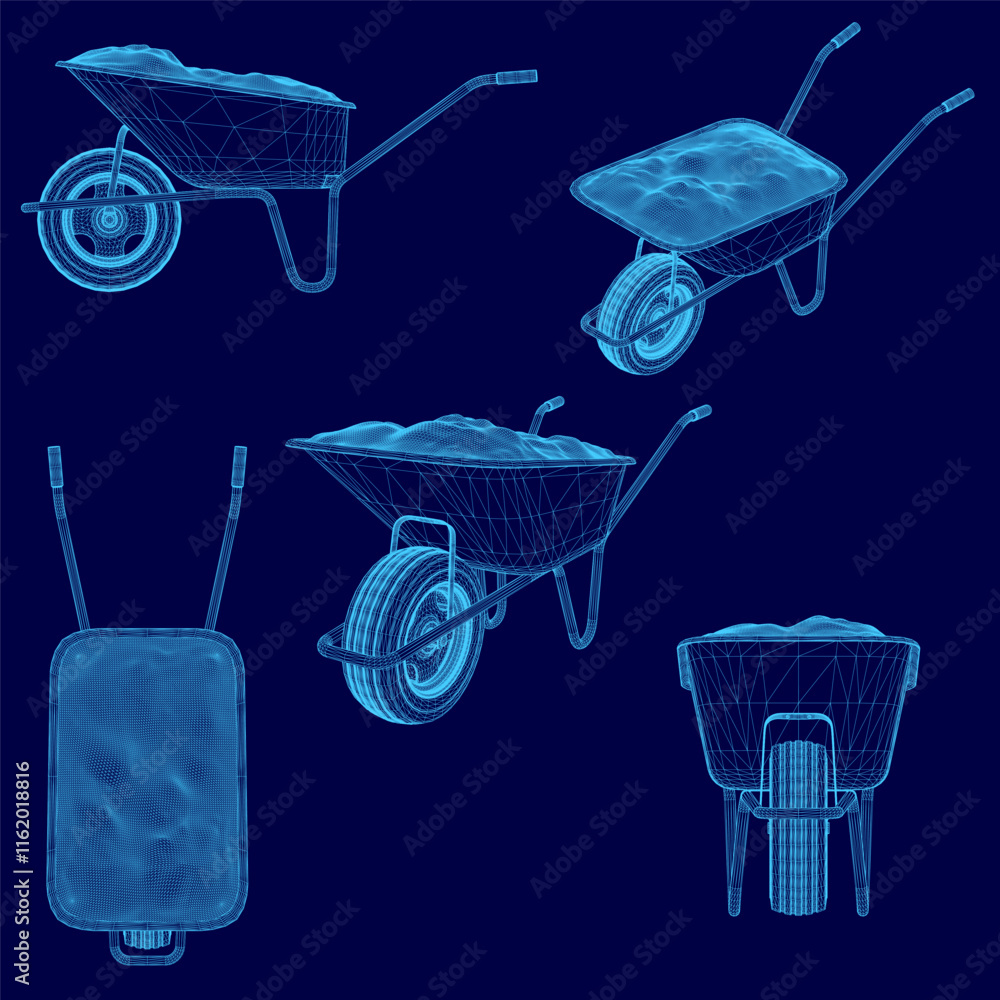 Poster blue image of a wheelbarrow with a blue background. the wheelbarrow is shown in different positions,