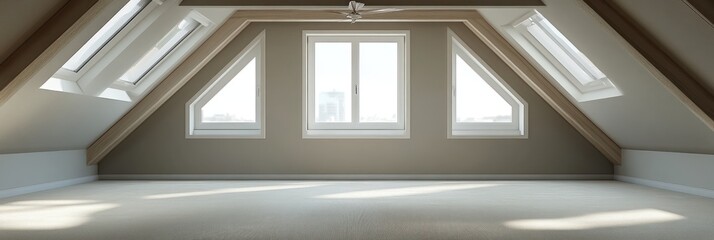 Fototapeta premium Bright Attic Room With Multiple Windows And Beige Walls