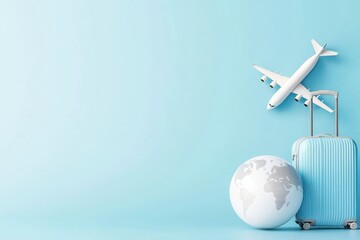 Minimalist travel essentials airplane globe and suitcase with a fresh touch soft blue background travel concept simple design