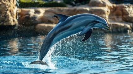Obraz premium A bottlenose dolphin leaping out of the water near a boat.