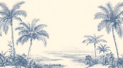 Blue Ink Drawing of Tropical Palm Trees and Island Landscape