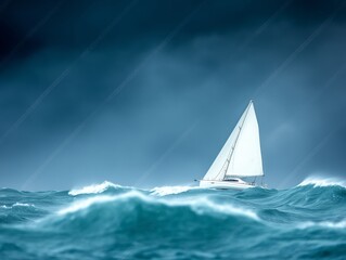 Sailboat Braving a Storm Under Dramatic Lightning in the Open Sea