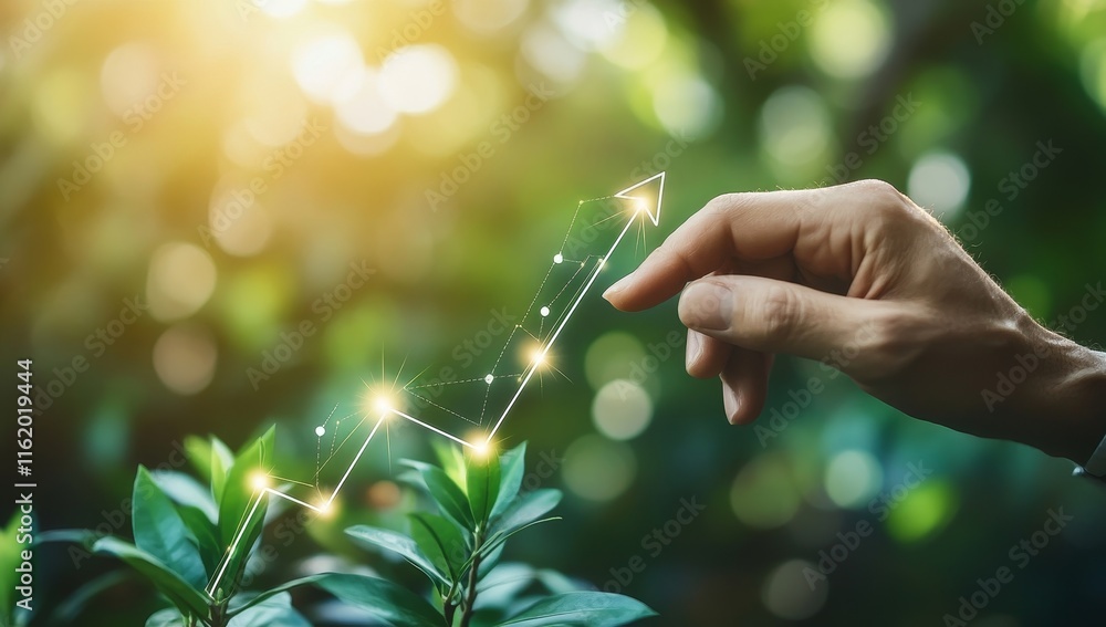 Poster hand pointing at upward arrow graph over growing plant.