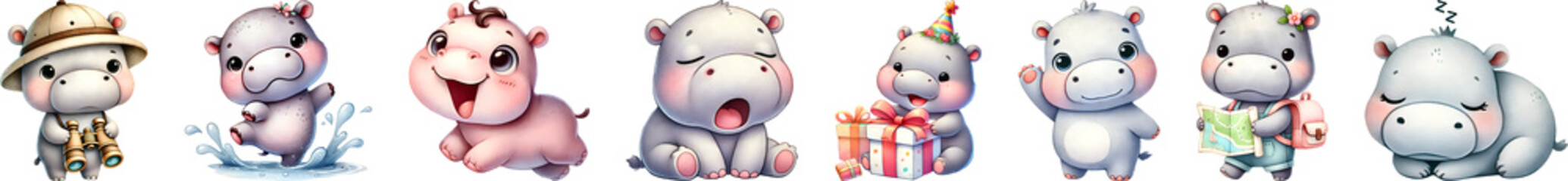 Naklejka premium Cute cartoon hippo joyful expression, watercolor illustration.