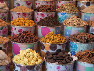 Barrels with spices on souk market in old town of Dubai, UAE