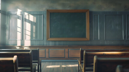 An blank chalkboard in empty class