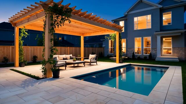 Video footage of modern backyard with a wooden pergola, outdoor seating, and a rectangular swimming pool, adjacent to a two story house with illuminated windows