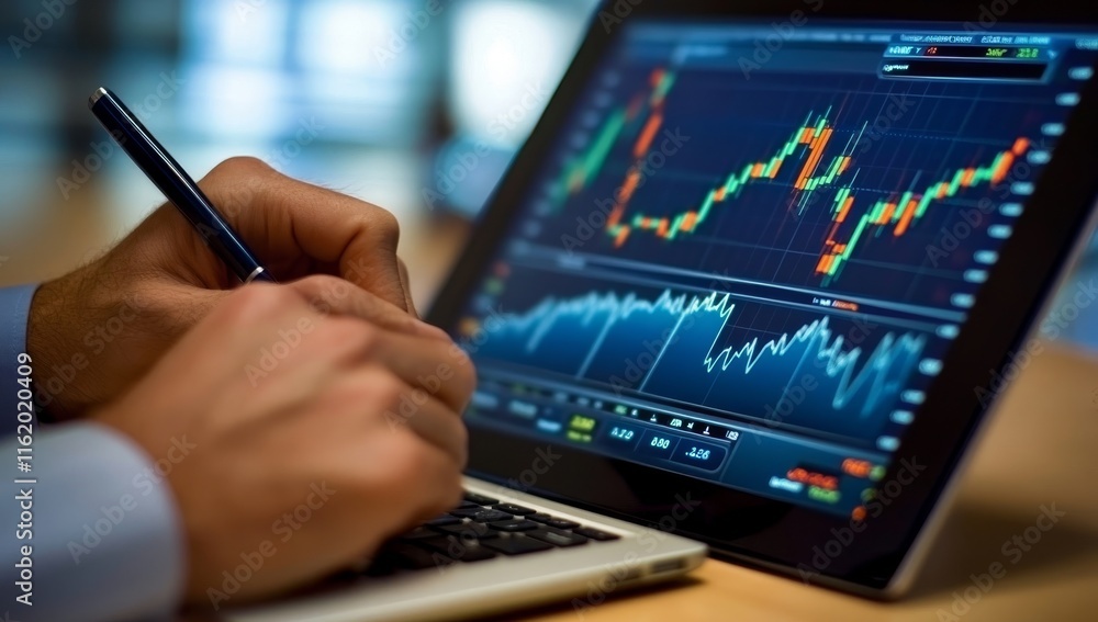 Poster close-up of hands analyzing stock market data on laptop.