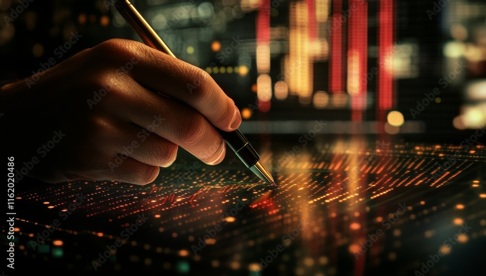 Poster Hand analyzing data on a digital screen with a pen.