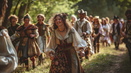 Fototapeta premium happy people in historical reenactments, exploring beautiful nature trails on a sunny day, vibrant and dynamic, natural lighting, joyful mood,