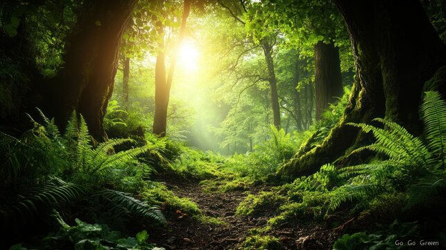 Sunlit path through lush green forest.