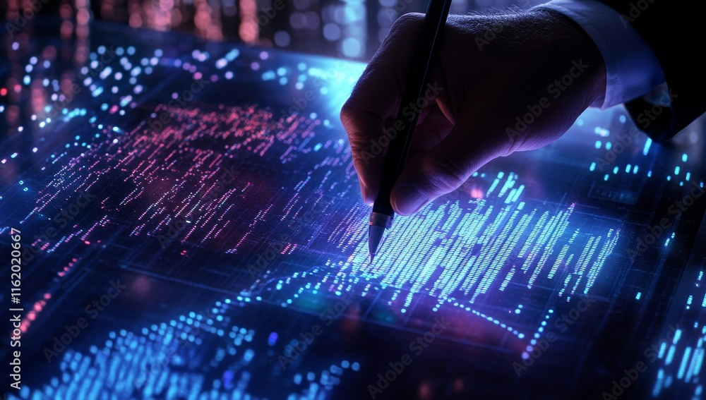 Leinwandbilder Hand using stylus on a transparent screen displaying data visualizations.