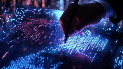 Hand using stylus on a transparent screen displaying data visualizations.