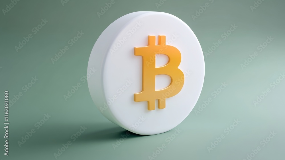 Poster a 3d representation of a bitcoin symbol on a circular coin against a soft green background, highligh