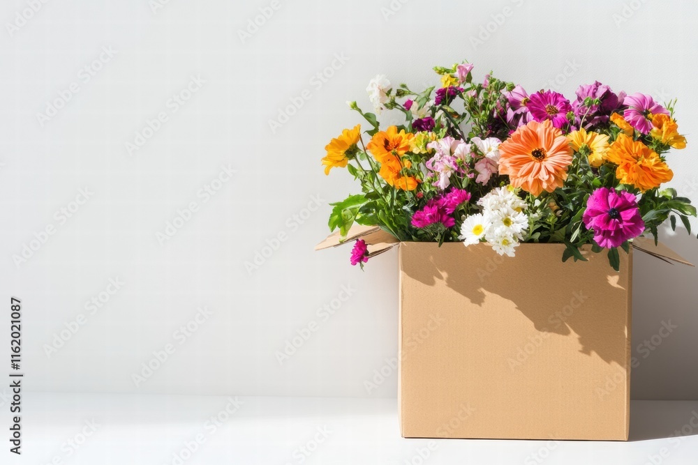 Poster delivery box filled with vibrant fresh flowers on a clean background for creative mock up. generativ