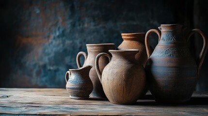 Handmade Clay Pots and Jugs on Wooden Table in Close-Up. AI generated illustration