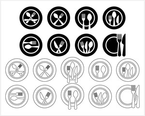 Stencil cutlery fork spoon knife plate icon isolated Food clipart Vector stock illustration