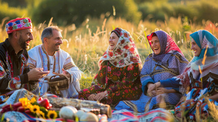 Fototapeta premium happy people in traditional clothing, smiling while interacting with pets in the backyard, vibrant and dynamic, natural lighting, joyful mood,