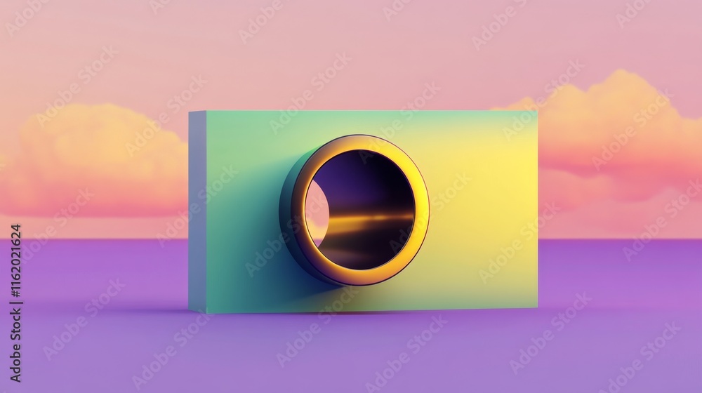 Aufkleber a colorful, abstract 3d rendering of a geometric shape featuring a circular lens, set against a drea